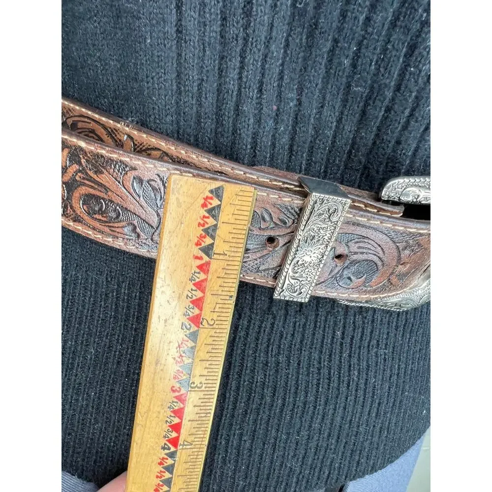 belt tooled leather silver tone buckle cowhide western